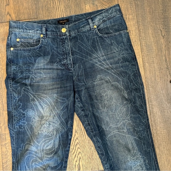 Escada Jeans Women's Size 42 12 Floral Printed Slim Bleach Blue Stretch Artsy - Picture 3 of 15